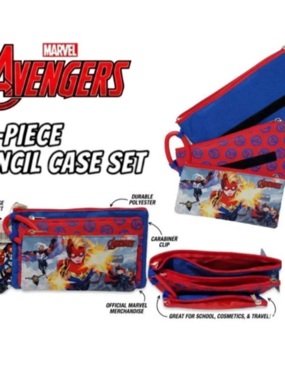 Marvel Avengers 3-Layer Zipper Travel Cosmetic Pencil Case Pouch Set NWT